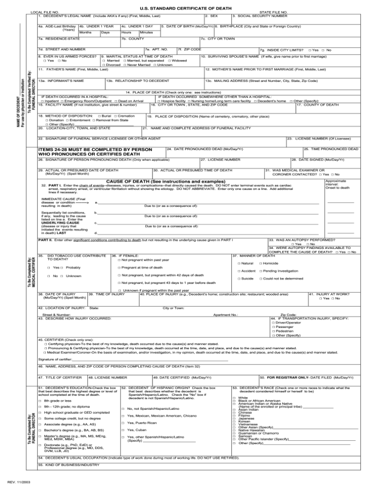 2003 2020 Form Us Standard Certificate Of Death Fill Online With Baby Death Certificate Template