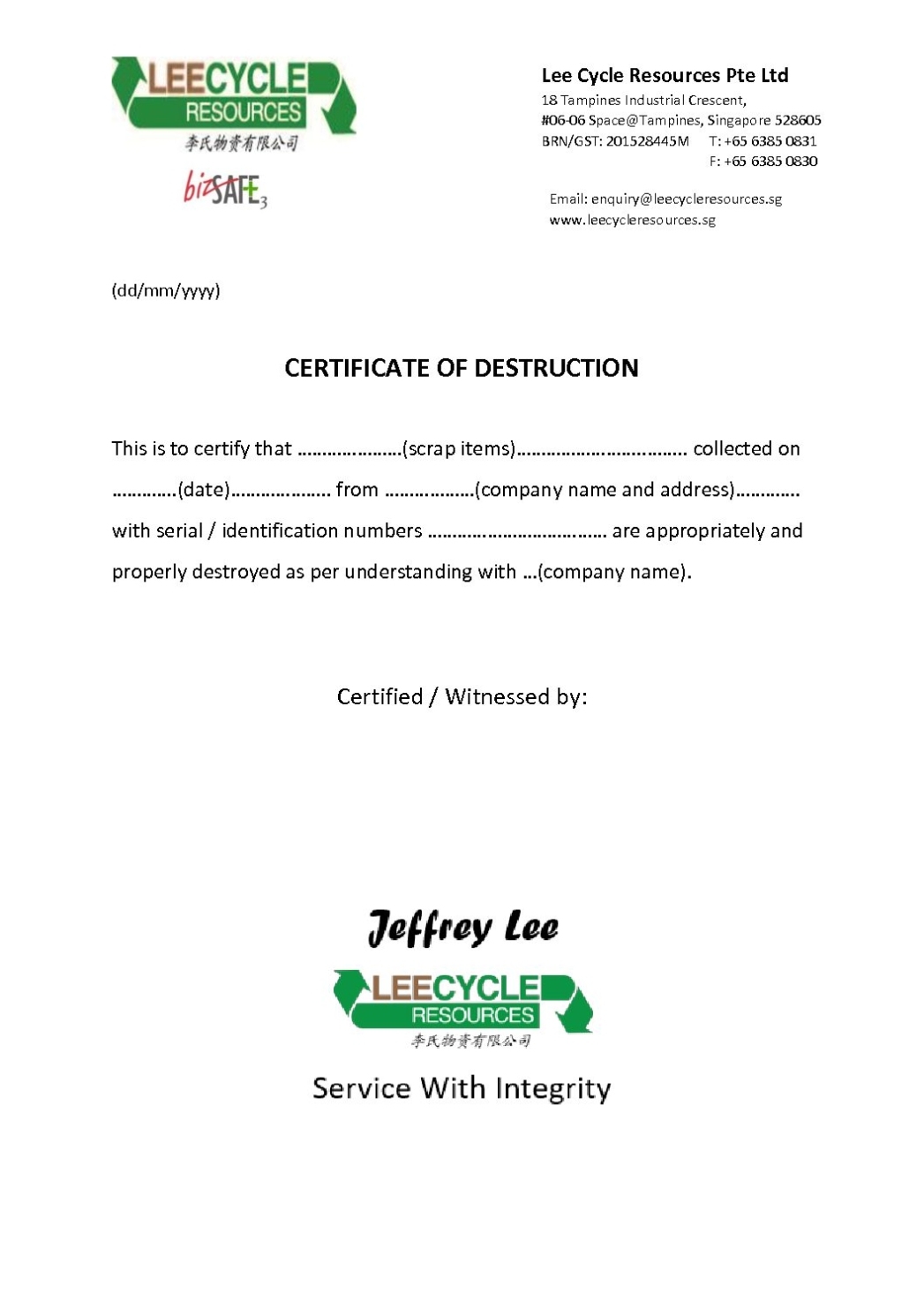 Certificate Of Destruction Template In Certificate Of Destruction Template