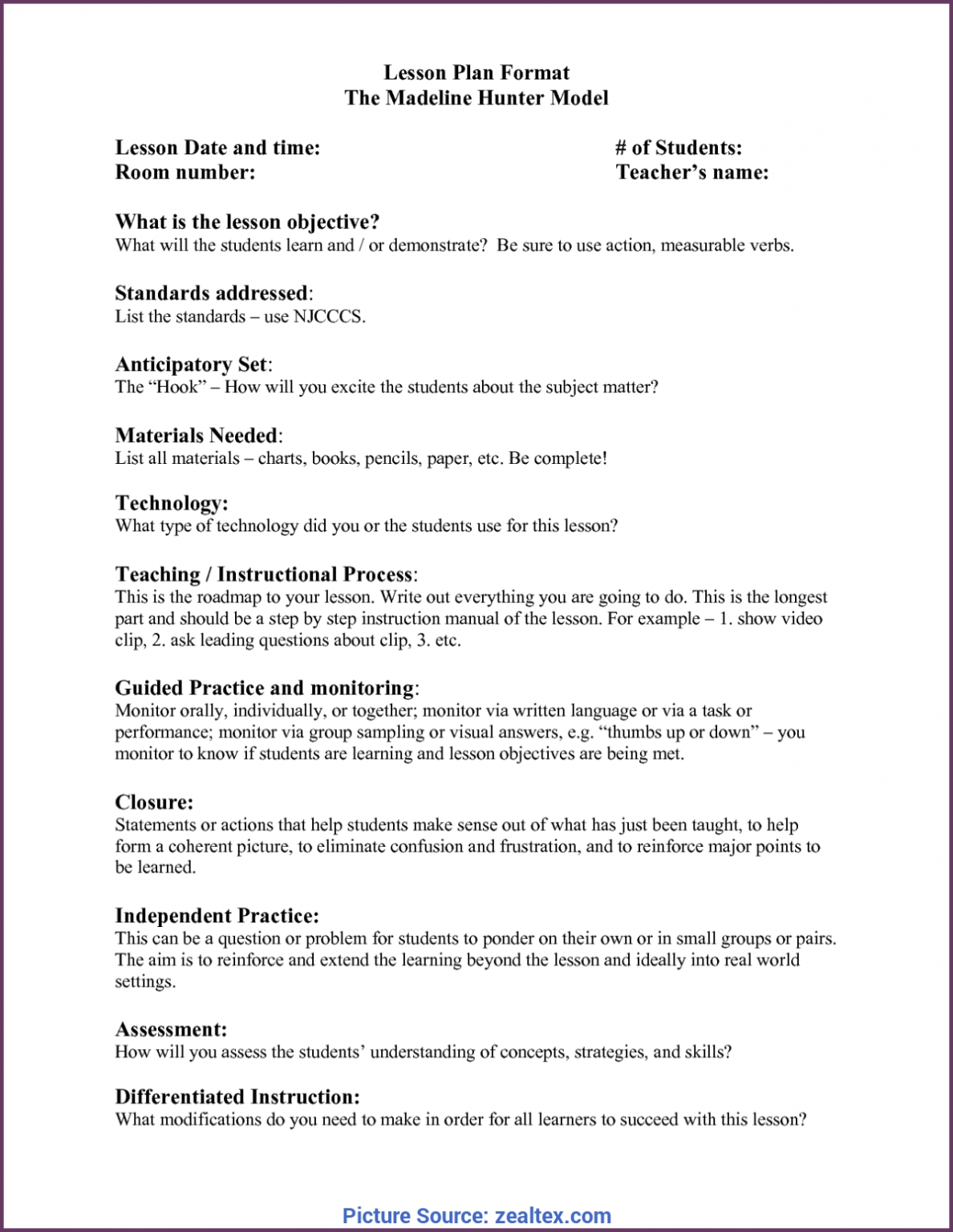 Complex Madeline Hunter Lesson Plan Explanation Madeline Hunter Lesson Intended For Madeline Hunter Lesson Plan Template Word