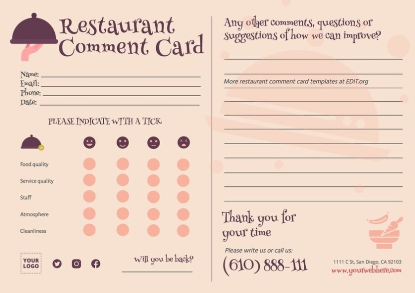 Customize Free Feedback Card Templates Online Regarding Restaurant Comment Card Template