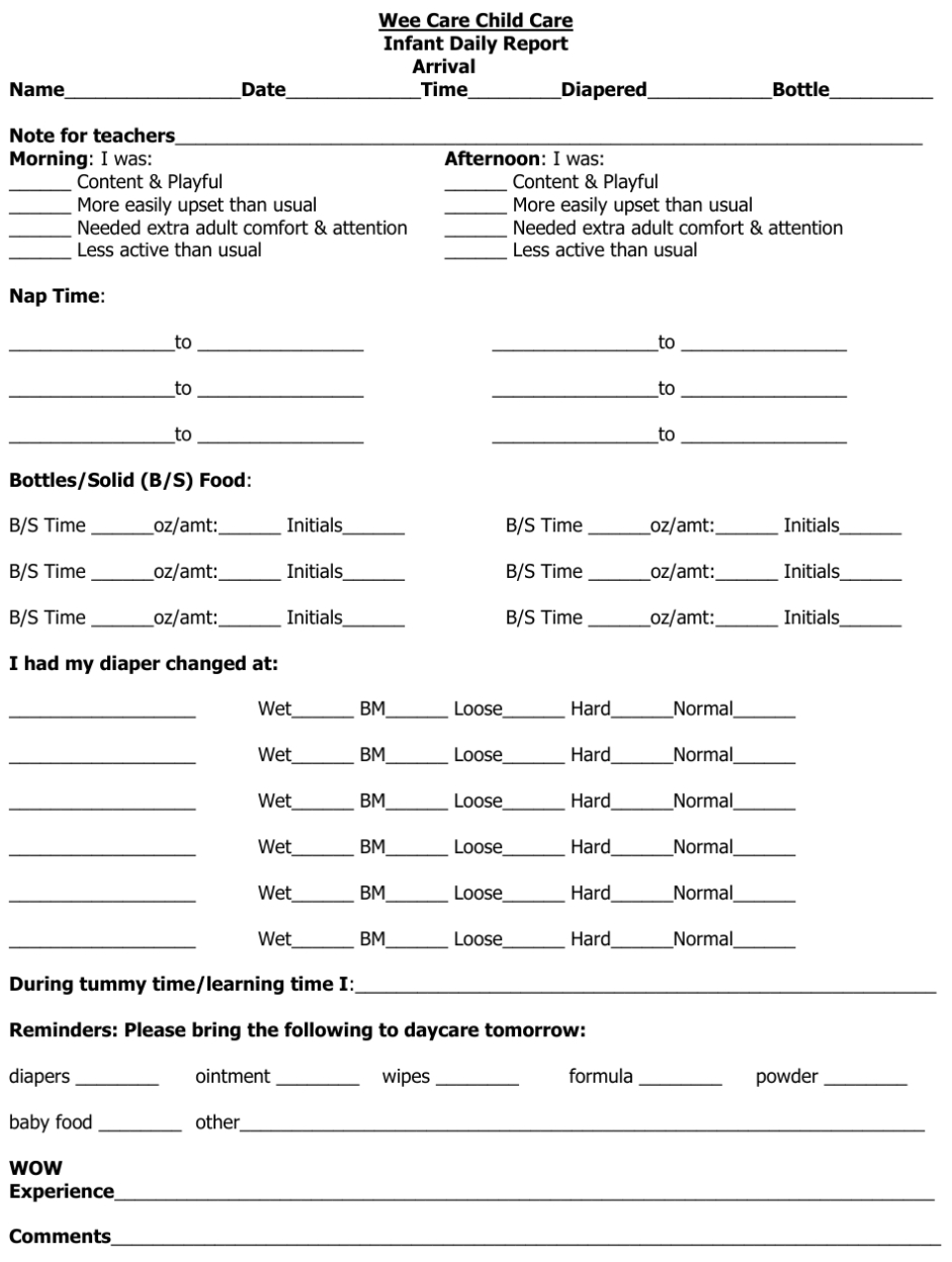 Daycare Infant Daily Report Template Inside Preschool Weekly Report Template