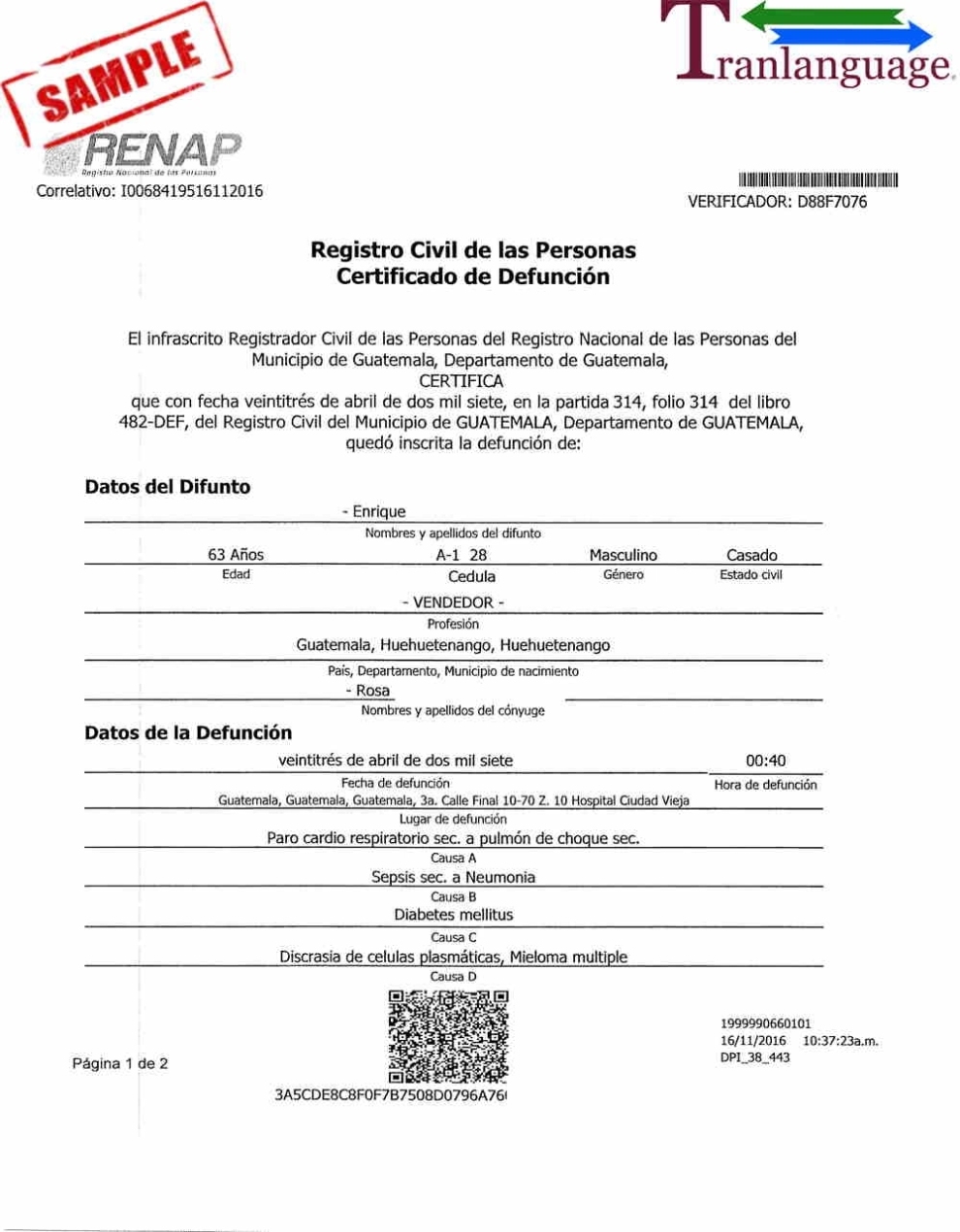 Death Certificate Guatemala - Tranlanguage - Certified Translations for Death Certificate Translation Template