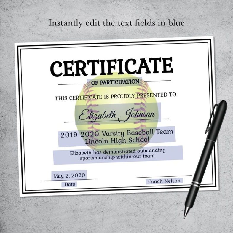 Editable Softball Certificate Template Printable Certificate | Etsy New Within Softball Award Certificate Template