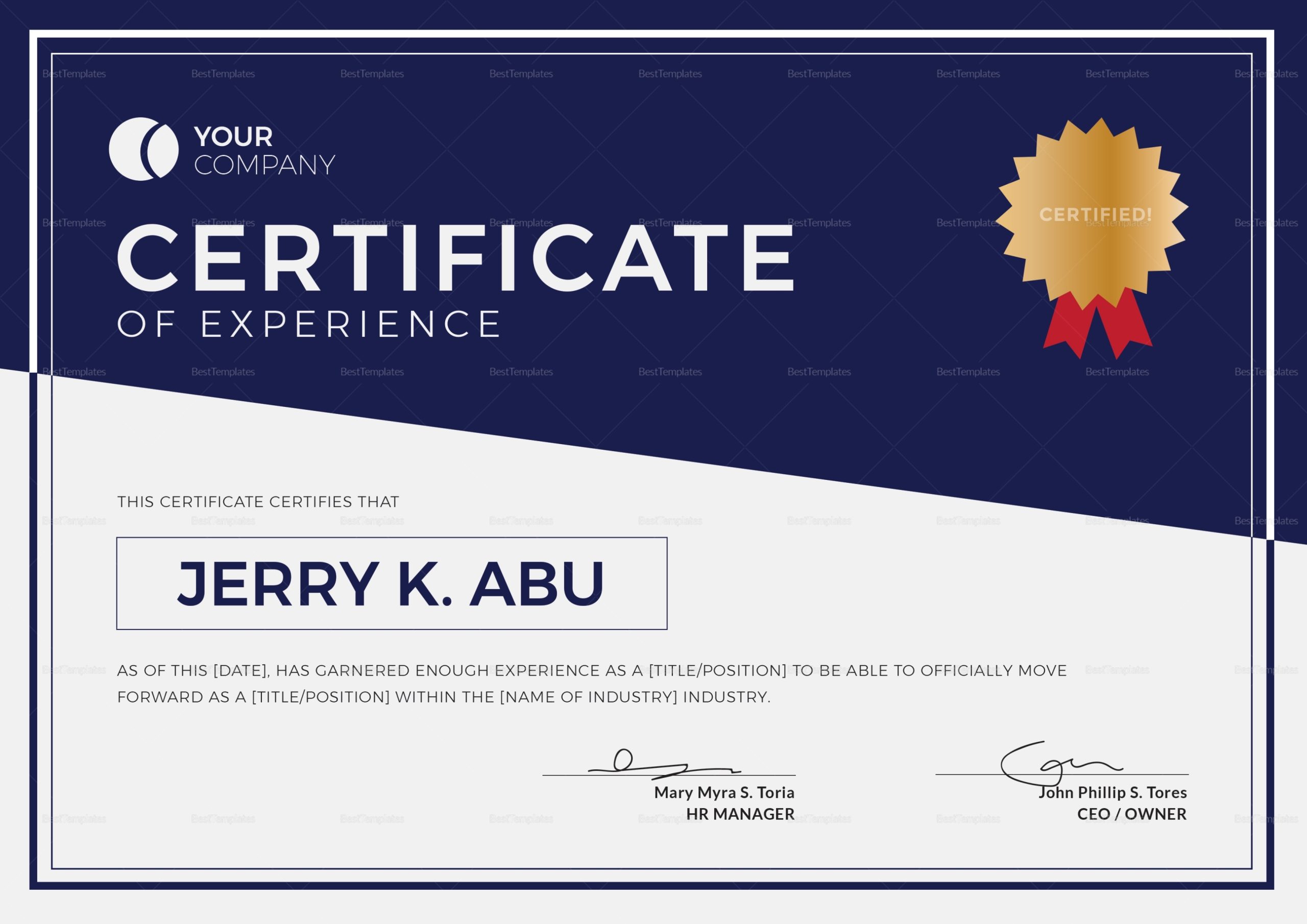 Experience Certificate Design Template In Psd, Word, Illustrator, Indesign, Apple Pages Intended For Certificate Template For Pages