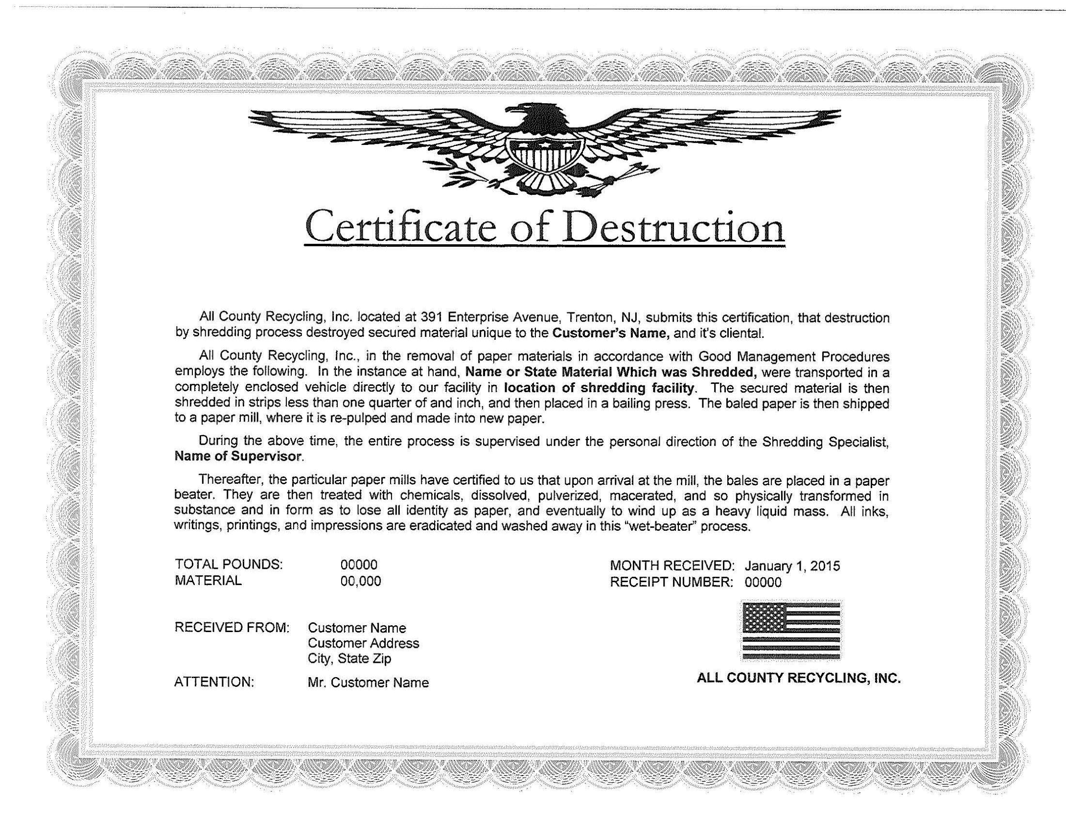 ?5+ Free Certificate Of Destruction Sample Templates? for Destruction Certificate Template