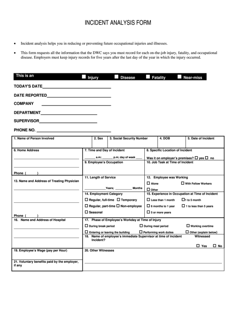 Fillable Online Incident Analysis Form - Texas Mutual Insurance Company For Incident Summary Report Template