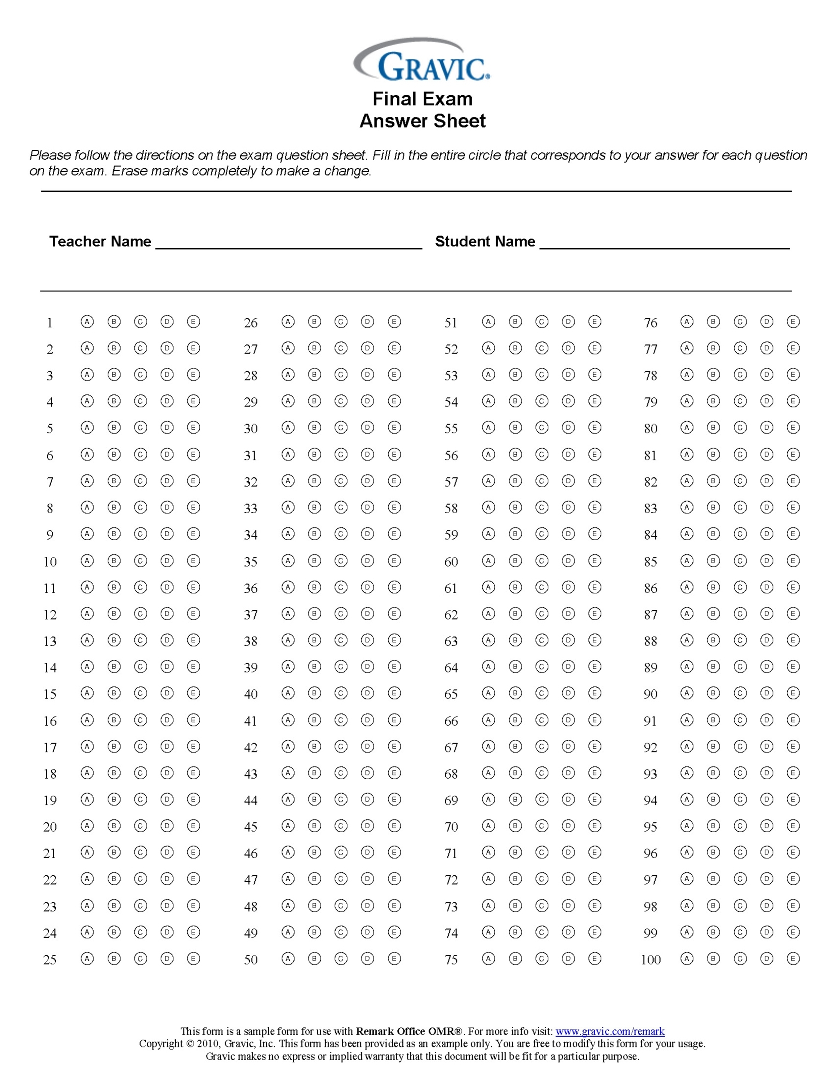 Final Exam 100 Question Test Answer Sheet · Remark Software Within Test Template For Word