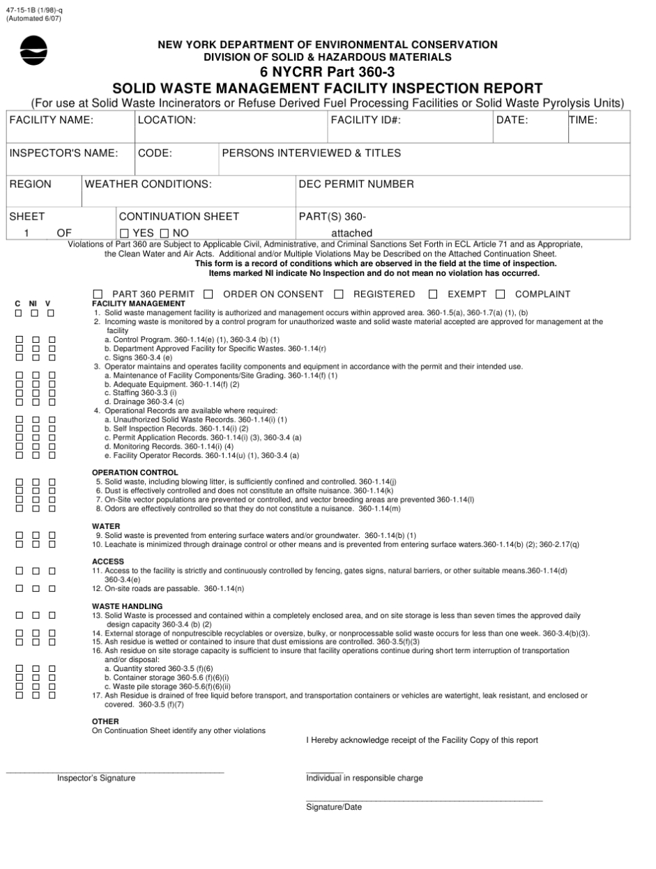 Form 47 15 1B Download Printable Pdf Or Fill Online Solid Waste Management Facility Inspection In Waste Management Report Template