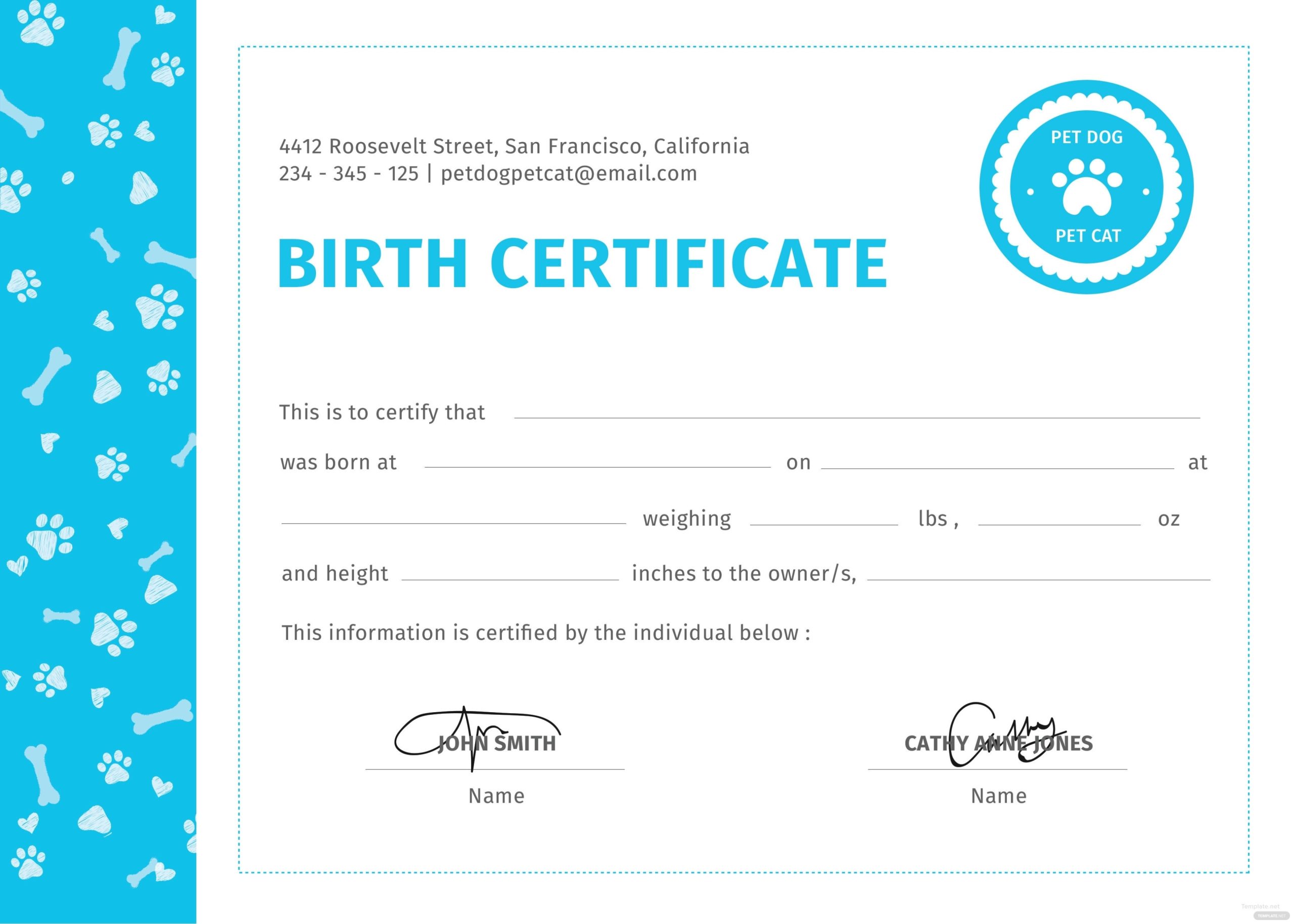 Free Pet Birth Certificate Template In Psd, Ms Word, Publisher pertaining to Editable Birth Certificate Template