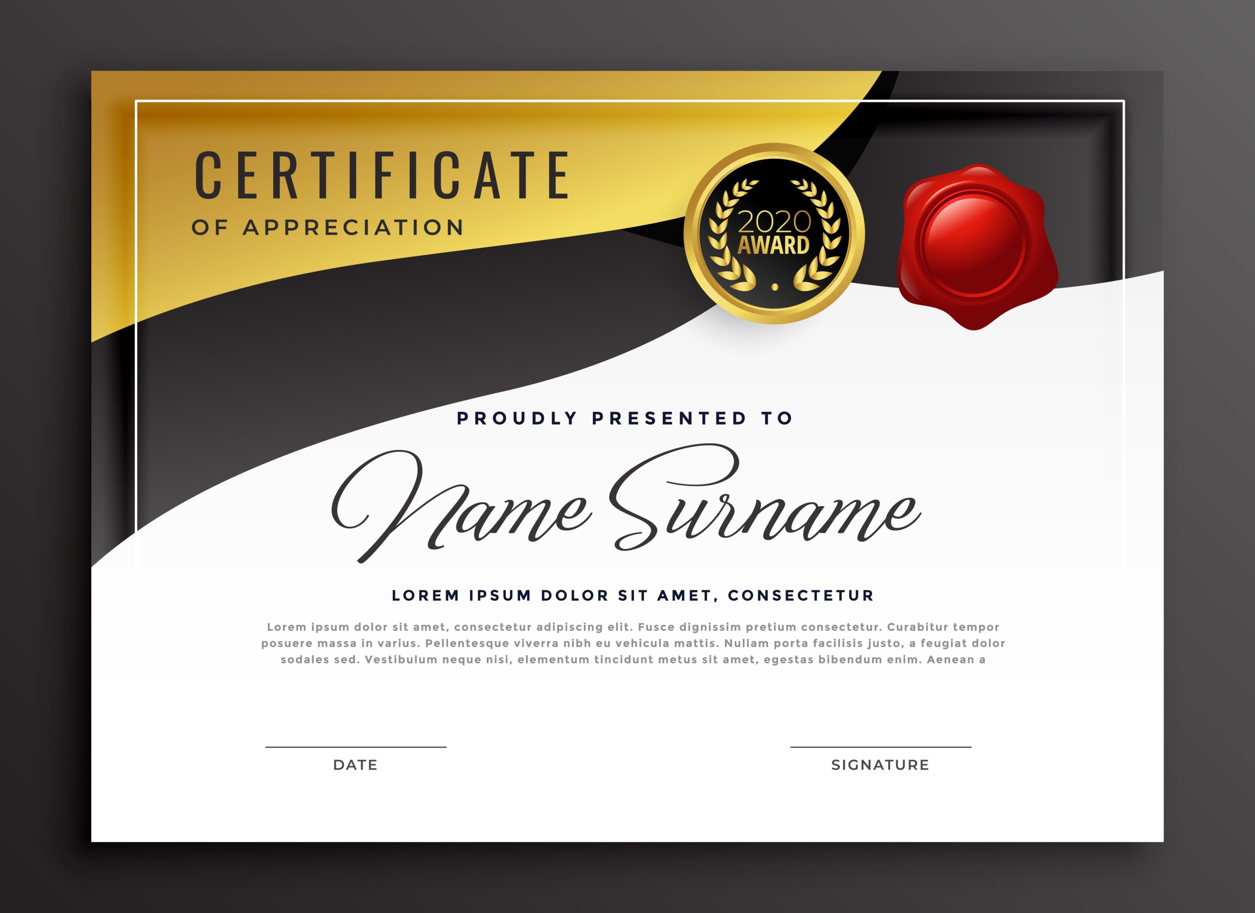 Golden Certificate Of Appreciation Template - Download Free Vector Art For Template For Certificate Of Award