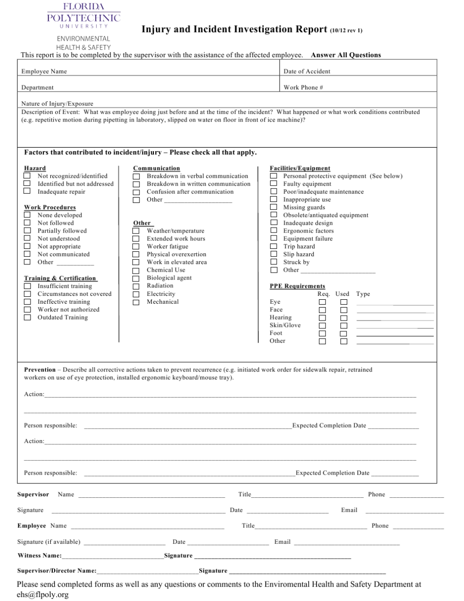 Injury And Incident Investigation Report Template - Florida Polytechnic For Investigation Report Template Doc