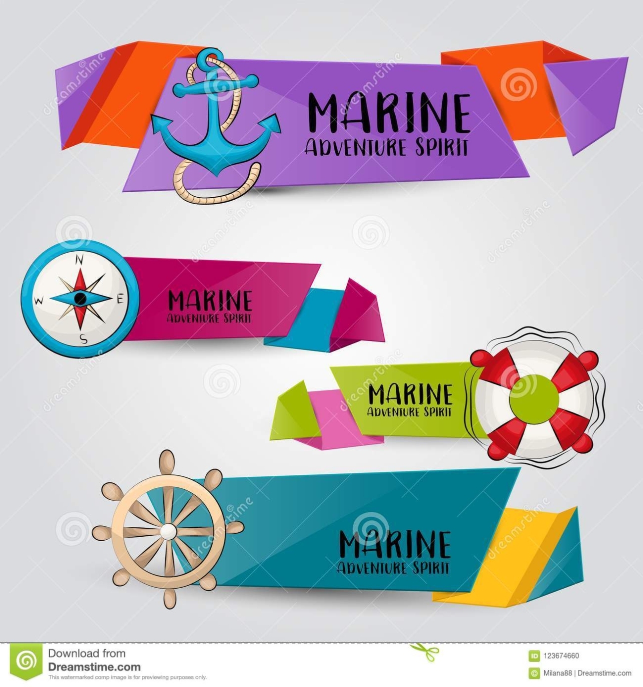 Marine Nautical Travel Concept. Horizontal Banner Template Set. Modern Hand Drawn Doodle Design with Nautical Banner Template