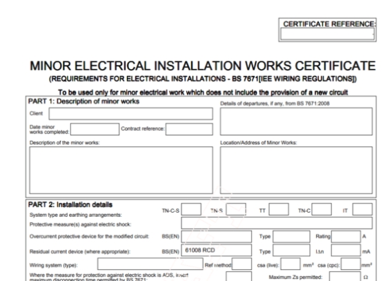Minor Electrical Installation Works Certificate Template Throughout Minor Electrical Installation Works Certificate Template