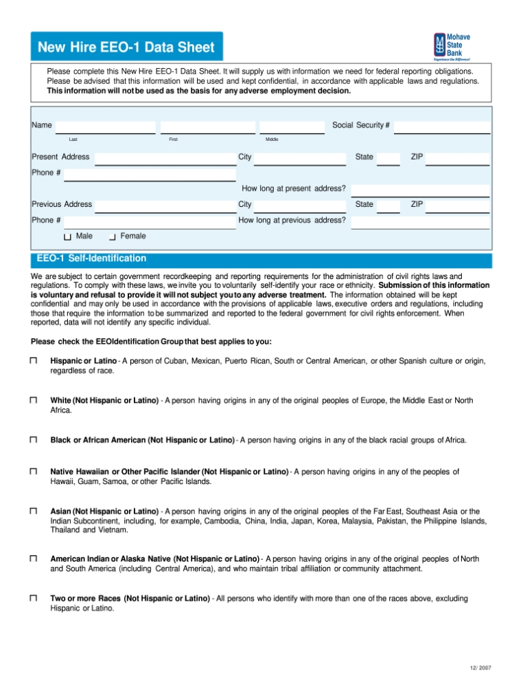 Mohave State Bank New Hire Eeo 1 Data Sheet 2007 - Fill And Sign Printable Template Online | Us Throughout Eeo 1 Report Template