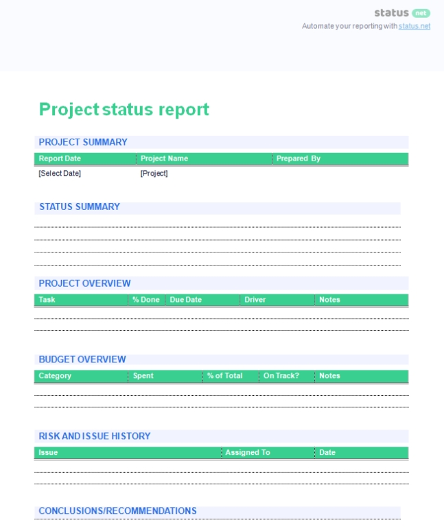 One Page Project Status Report Template | Pdf Template in Project Analysis Report Template