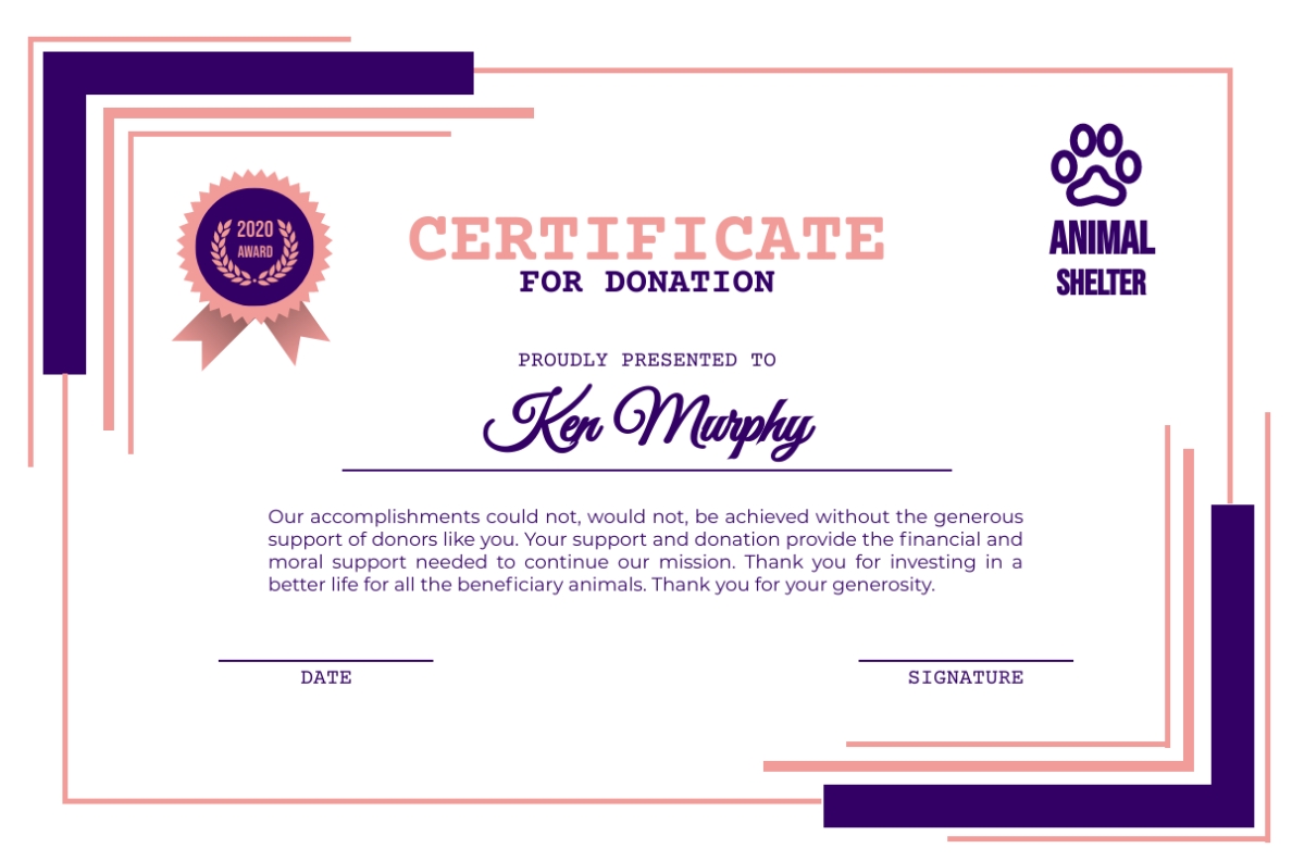 Pink And Purple Certificate For Donation | Certificate Template Inside Donation Certificate Template