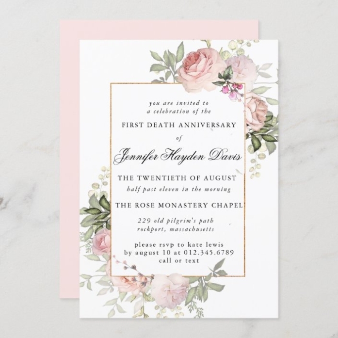 Pink Rose Floral First Death Anniversary Invitation | Zazzle Throughout Death Anniversary Cards Templates