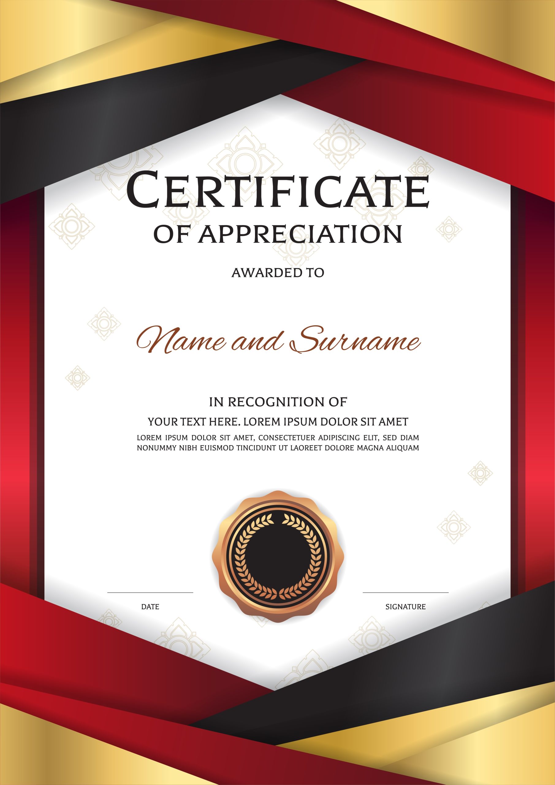 Portrait Luxury Certificate Template With Elegant Golden Red Border Frame, Diploma Design For Inside Design A Certificate Template