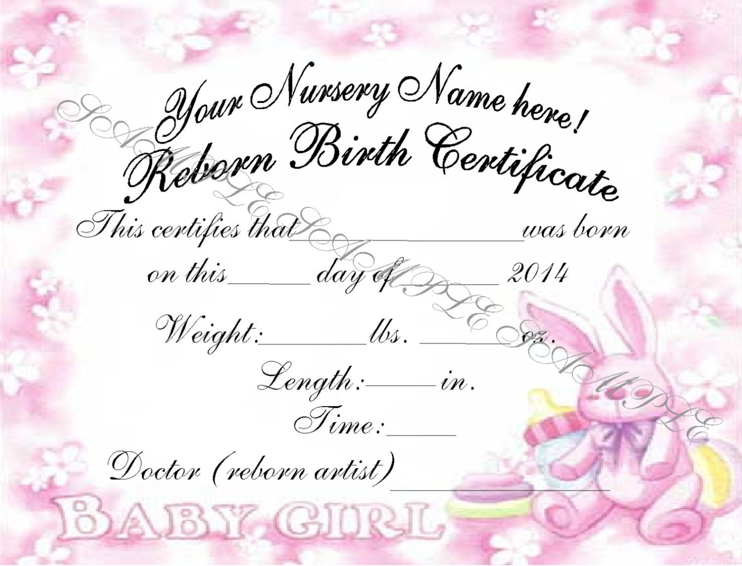 Reborn Birth Certificates Your Custom Nursery Name 5 Inside Baby Doll Birth Certificate Template