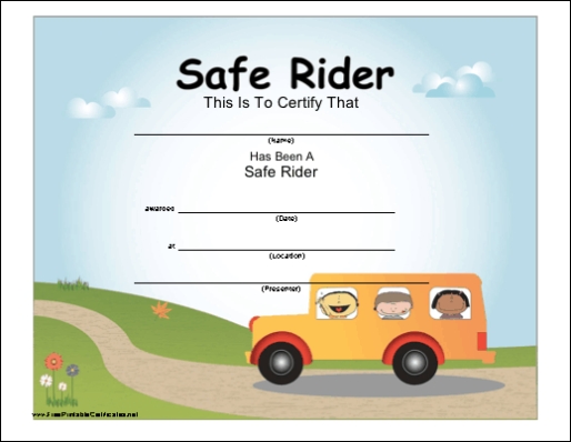 Safe School Bus Rider Printable Certificate Intended For Safe Driving Certificate Template