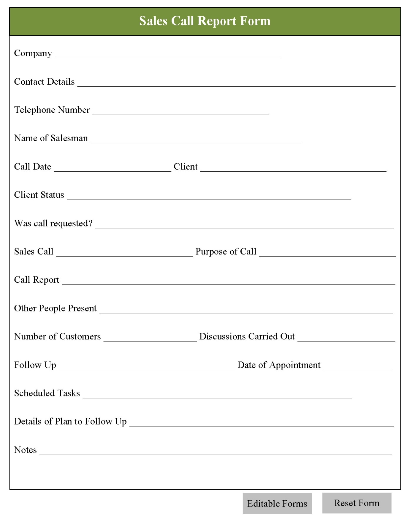 Sales Call Report Form - Editable Forms Inside Daily Sales Call Report Template Free Download