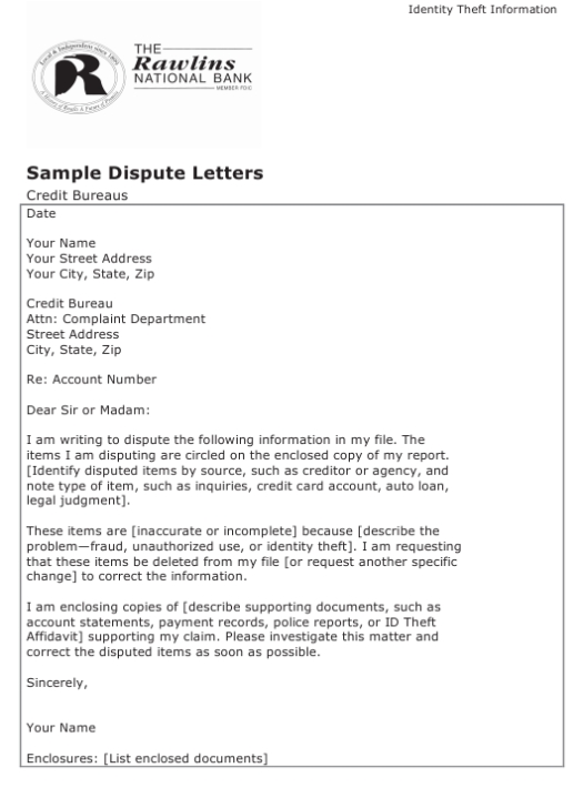Sample Credit Dispute Letter Template (Identity Theft) - The Rawlins National Bank Download Throughout Credit Report Dispute Letter Template