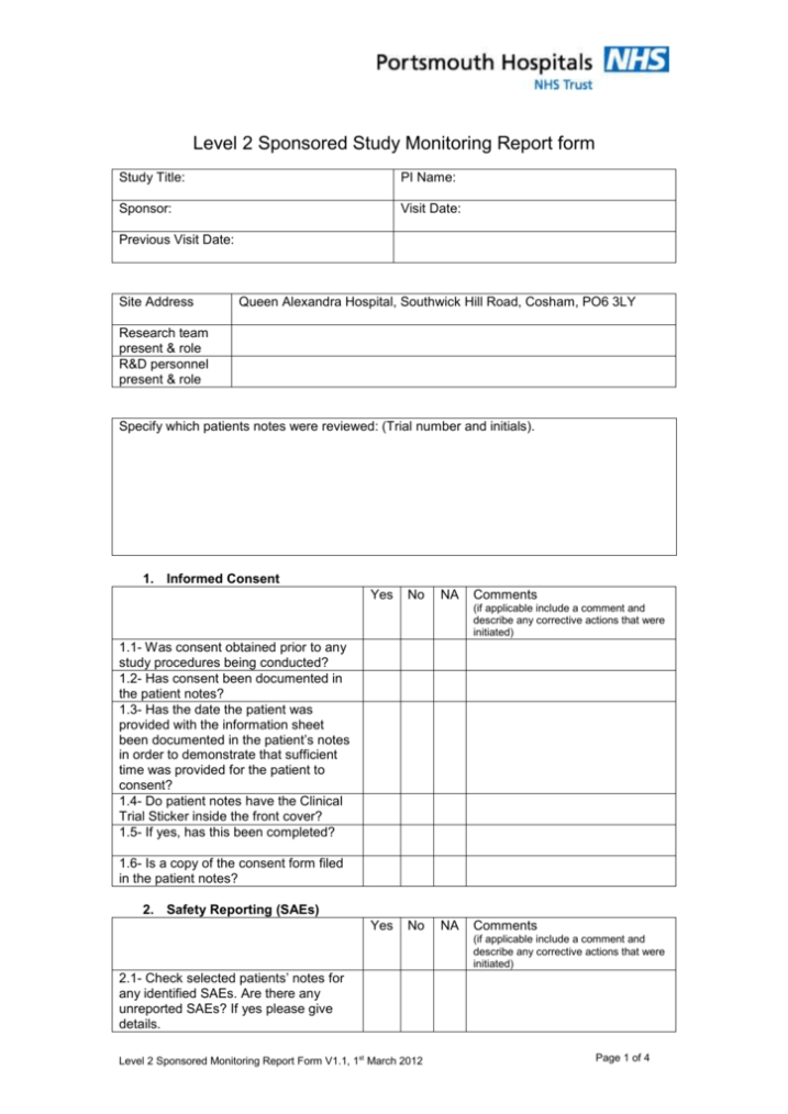 Site Monitoring Visit Report Template Inside Monitoring Report Template Clinical Trials