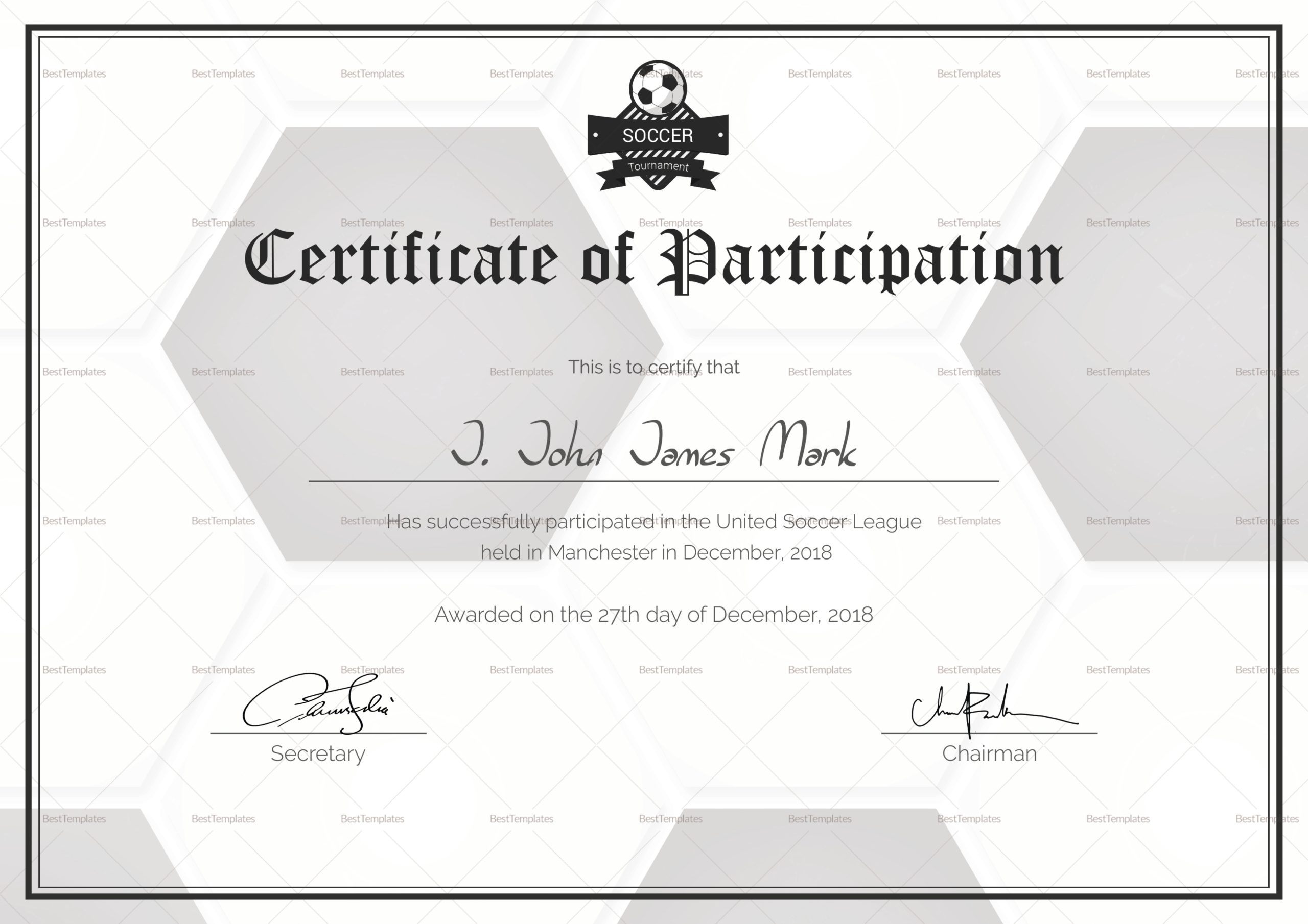 Soccer Participation Certificate Design Template In Psd, Word Throughout Soccer Certificate Templates For Word