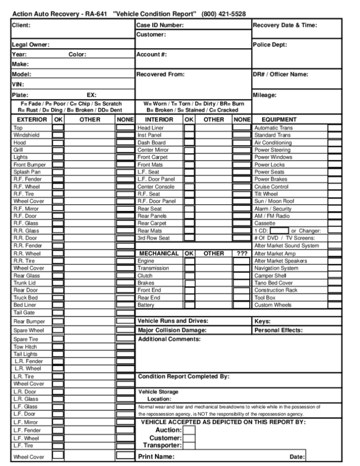 Vehicle Condition Report Sample Form Free Download For Truck Condition Report Template