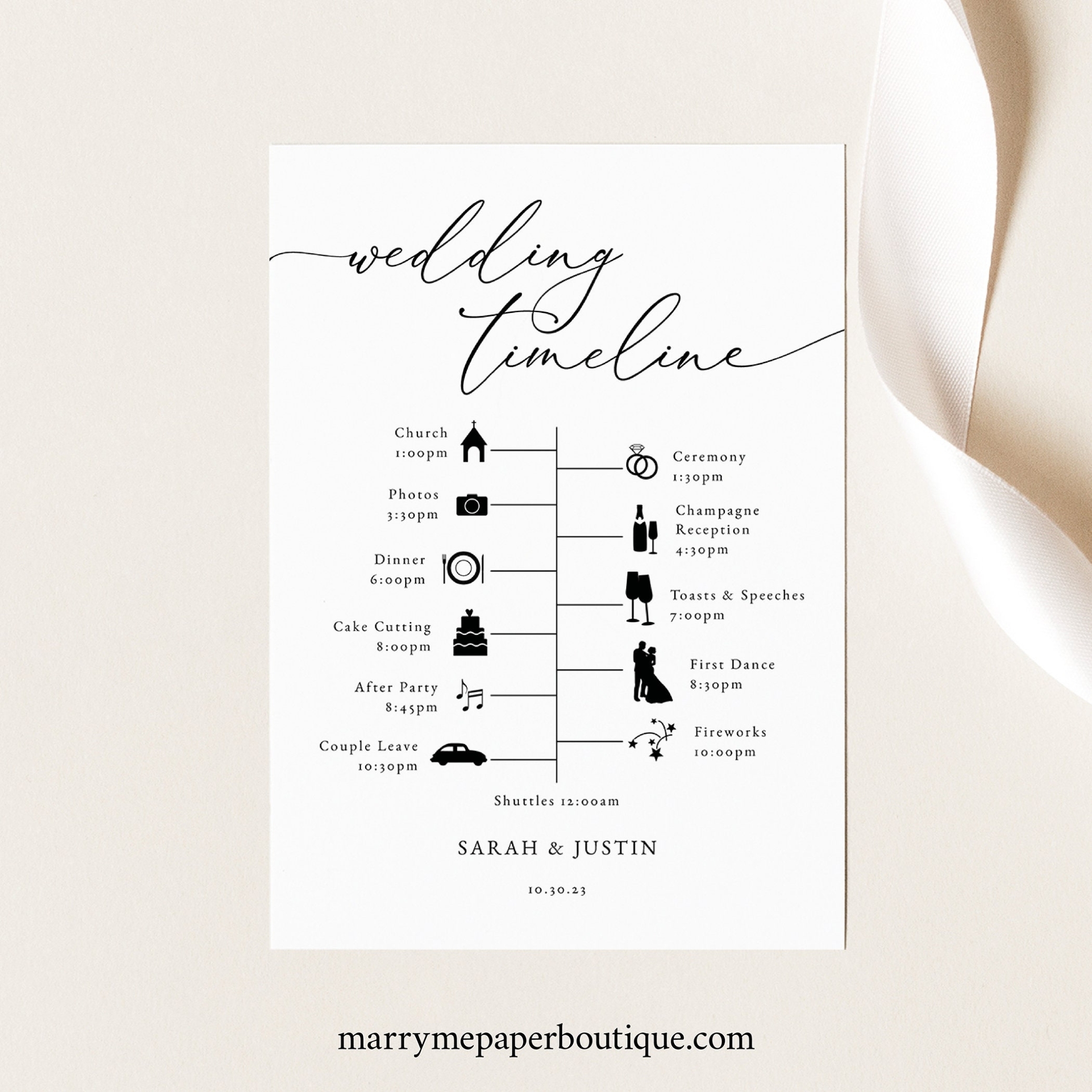 Wedding Timeline Card Template, Classic & Elegant, Wedding Itinerary Inside Wedding Card Size Template